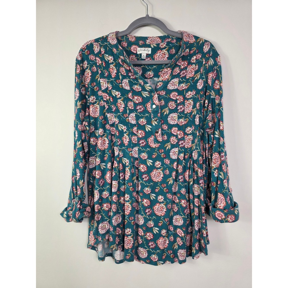 Wonderly Boho Peasant Tunic Top Floral Green Red Long Sleeve Size XL